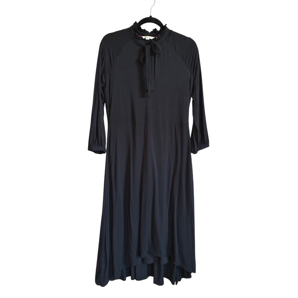 BODEN Size 8Petite Black Knit High Neck Keyhole Tie Long Sleeve ALine Midi Dress